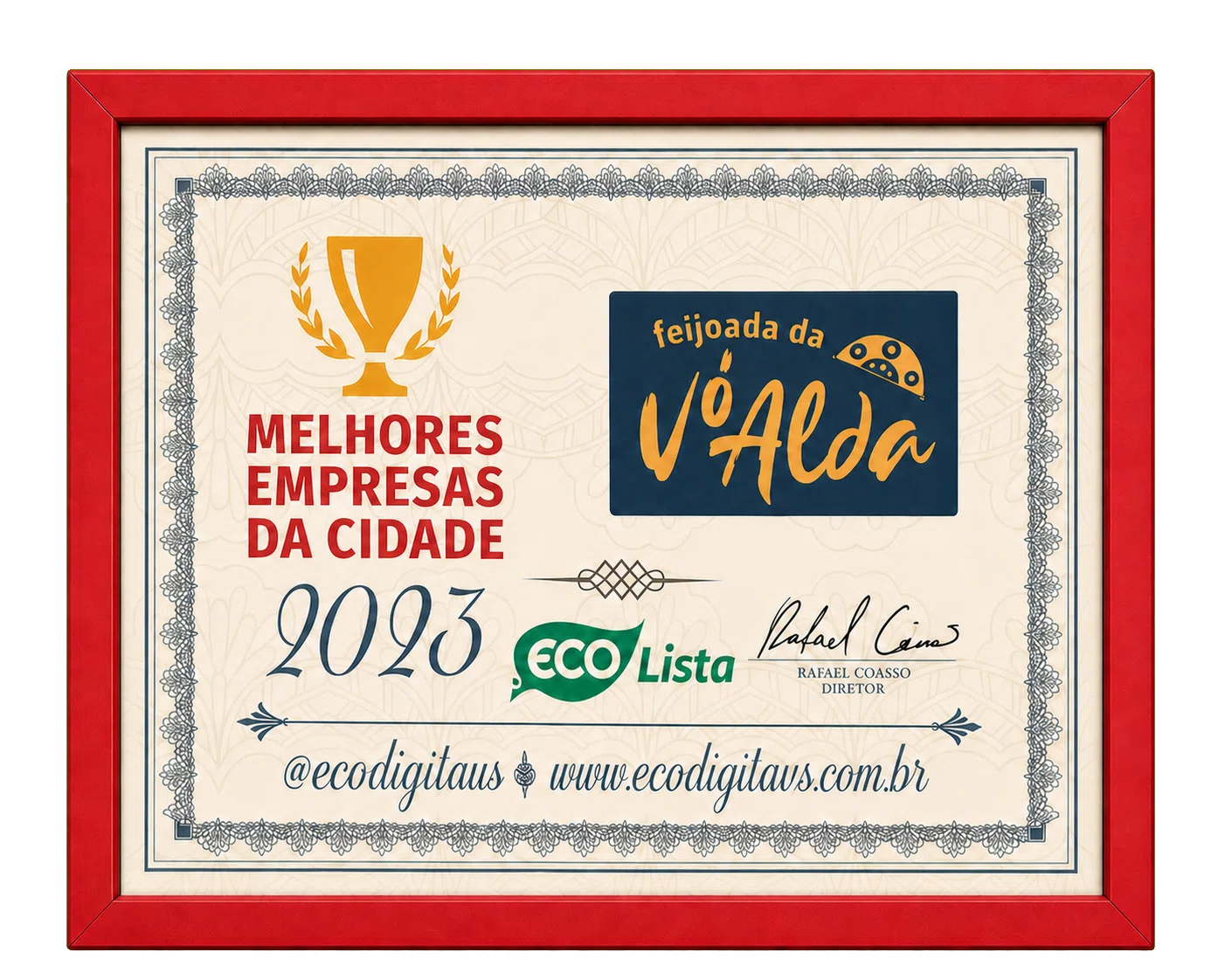 Certificado Melhores Empresas da Cidade 2023 da Feijoada da Vó Alda